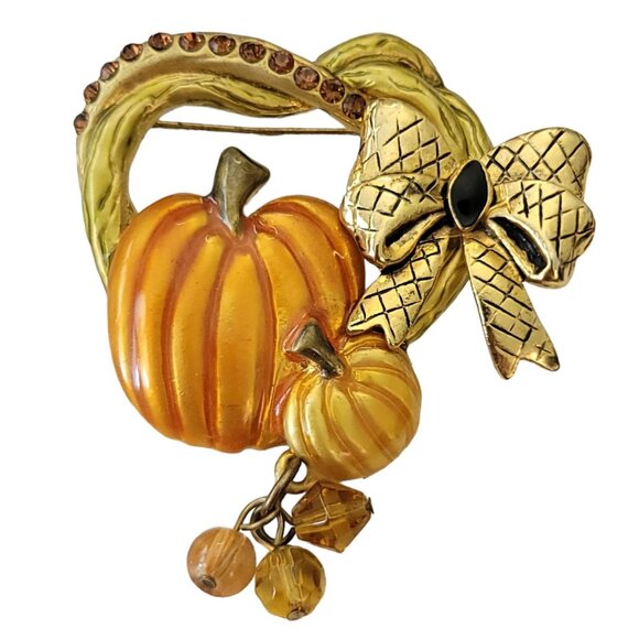 Kenneth Cole Gold Tone Rhinestone Pumpkin Brooch Glass Bead Dangle Brooch, L05 - Picture 1 of 8
